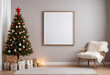 © Kholoud - mockup white blank frame on wall in a cozy living room with white sofa, wooden table coffee, tree christmas in background