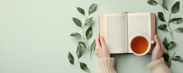 Serene Morning Wellness: Person Relaxing with Herbal Tea and Book on Cozy Armchair, Generative Ai