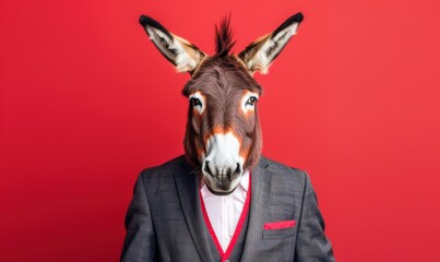 Poster - A donkey wearing a suit and tie with red background. AI.