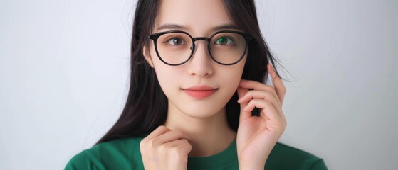 Sticker - A woman with glasses touching her ear while posing for a picture. AI.