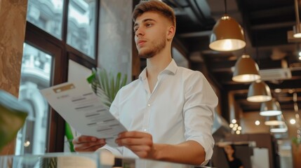 Sticker - A man in a white shirt reading something while standing at the counter. AI.