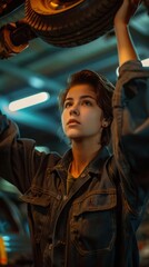 Poster - A woman holding a tire up in the air while working on it. AI.