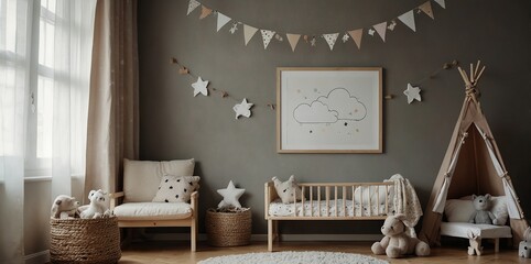 The modern scandinavian newborn baby room with mock up empty frame, wooden car, plush rhino and clouds. Hanging cotton flags and white stars. Minimalistic and cozy interior with white walls