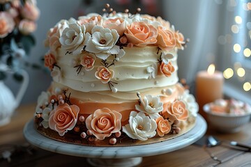 Canvas Print - elegant peach and white wedding cake