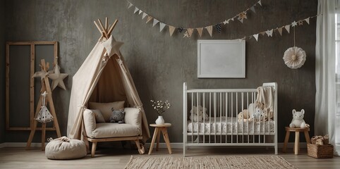 The modern scandinavian newborn baby room with mock up empty frame, wooden car, plush rhino and clouds. Hanging cotton flags and white stars. Minimalistic and cozy interior with white walls