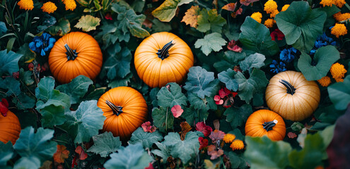 A warm autumn garden background with fresh pumpkins, colorful foliage, and a thanksgiving season banner.