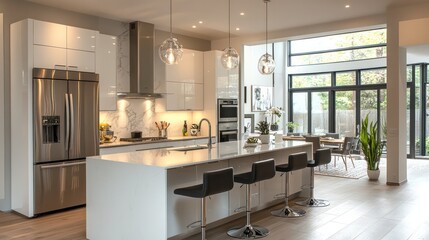 Modern kitchen with breakfast bar ceiling lamp and high-end electrical appliances A functional and stylish space ideal for cooking and casual dining.