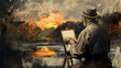 © imran - Old artist painting a landscape, drawing canvas, generated ai