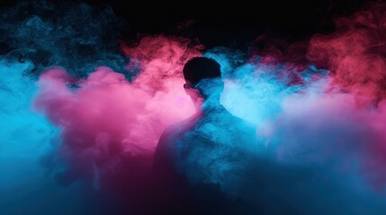 Wall Mural -   A man stands in a smoky room with colorful fumes emanating from behind his head