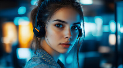 Wall Mural - Portrait of a young woman in her 20s working in a call center. She is looking at the camera. Generative Ai.