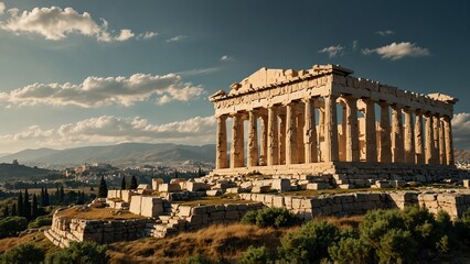 Wall Mural - The Acropolis of ancient Greece, with the Parthenon shining in the sunlight. The surroundings are filled with green olive trees and hills, and a few white clouds float in the sky.