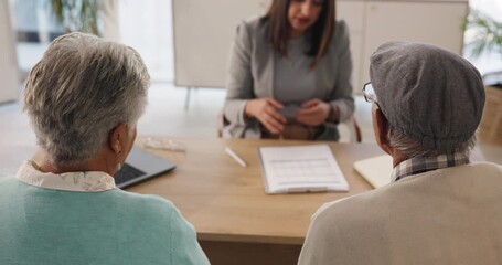 Poster - Senior, couple and lawyer with contract for reading or legal consultation, will writing and power of attorney for estate. People, talking and documents for trust establishment and retirement planning