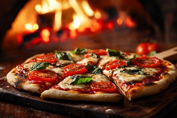 Wall Mural - Freshly sliced woodfired pizza garnished with tomatoes and basil rests on a wooden board next to a warm, glowing oven, ready to be enjoyed