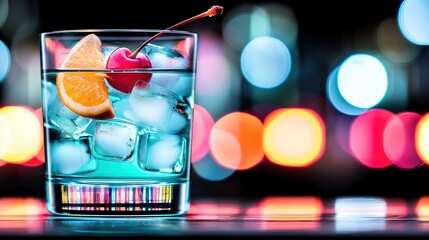 Wall Mural -   A close-up photo of an ice-filled glass holding a cherry and an orange slice on the rim