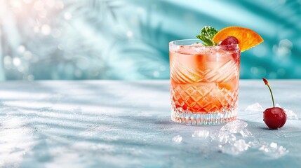 Sticker -   A close-up photo of a drink on a table with a cherry and mint garnish on the edge of the glass