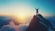 © bird_saranyoo - Silhouette of successful businessman keeping hands up hiking on the top of mountain. Celebrating success, winner and leader concept