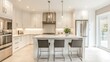 © bird_saranyoo - Sleek kitchen with white cabinets, large island, and stainless steel appliances. The modern design emphasizes functionality and style in a clean, bright space.