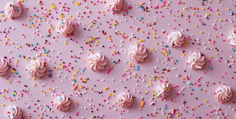 A flat lay of colorful sprinkles on a pastel pink background, creating an adorable and playful pattern for birthday or party decoration.