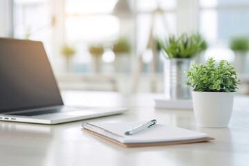Poster - A high-resolution photo of a clean and modern office workspace with a laptop and notepad, soft natural light,