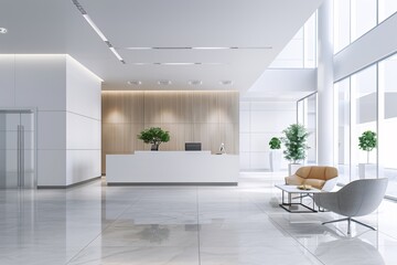 Poster - a high-resolution photo of a modern office lobby with clean lines and soft colors, professional and 