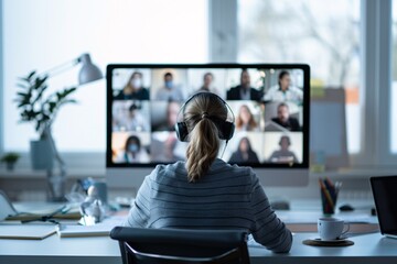 Poster - A high-resolution photo of a business professional on a video call in a clean home office, soft natural light,