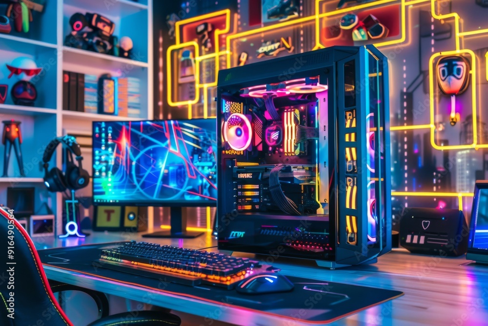 Full advanced gaming computer setup in a room, with a futuristic neon ...