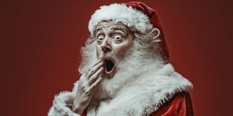 Wall Mural - Surprised Santa Claus Portrait Capturing Christmas Spirit in Santa Suit on Red Background