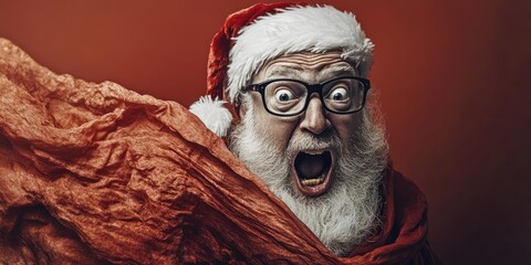 Wall Mural - Surprised Santa Claus with Funny Expression in Festive Red Attire