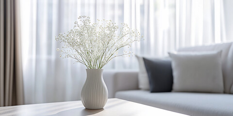 White vase with delicate flowers on a round table in sunlit living room, focus on serene atmosphere and minimalist style