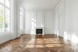 © Aleena - Empty living room with herringbone parquet floor and fireplace in white empty apartment in Paris, France.