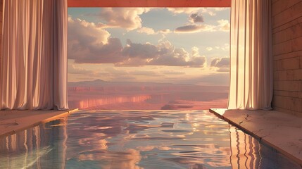 Wall Mural - 3d render of an open space with water on the floor, view from inside looking out at desert landscape with clouds in sky, pink walls and curtains