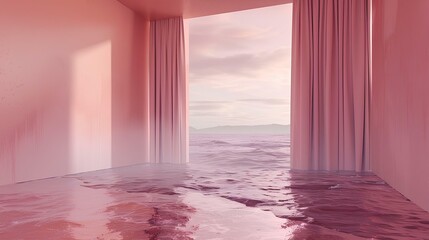 Wall Mural - 3d render of an open space with water on the floor, view from inside looking out at desert landscape with clouds in sky, pink walls and curtains