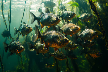 school of piranhas in jungle waters