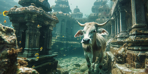 Underwater Ancient Temple with Sacred Cow and Vibrant Fish