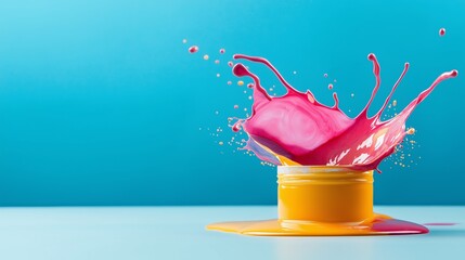 Wall Mural - A splash of paint is on a table, with a yellow container in the middle. The splash of paint is pink and yellow, and it looks like it's been splashed onto the table. Scene is playful and creative