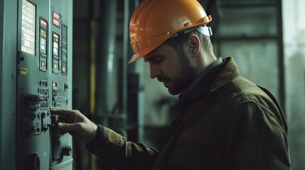 Inspector in Hard Hat Operating Digital Control Panel on Industrial Site