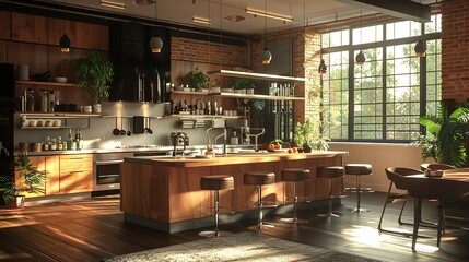 Sunlight bathes a spacious wooden kitchen interior with modern appliances and a cozy, warm ambiance.