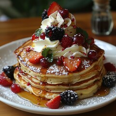 Wall Mural - Delicious Stack of Pancakes with Fresh Berries and Whipped Cream