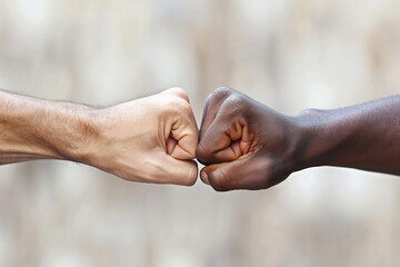 Close-up of diverse hands giving fist bump, focus on unity and friendship