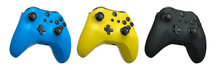 Canvas Print - Collection of gaming controllers with different colors and designs for gaming enthusiasts isolated on white background with clipping path