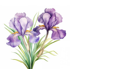 Two blooming watercolor irises on a white background, on the right there is an empty space for text. A template for a flyer, invitation or postcard.