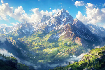 mountains landscape sky clouds nature scenery outdoor peaks valley green alpine majestic blue beautiful serene 