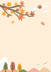 Wall Mural - Autumn landscape, background frame of maple leaves falling in the wind, cute hand drawn illustration / 秋の風景、風に吹かれて落ちるモミジの葉の背景フレーム、かわいい手描きイラスト