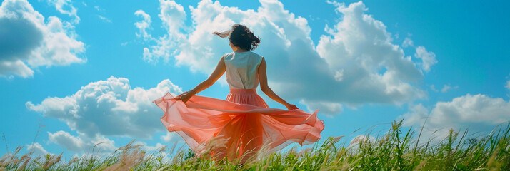 Wall Mural - Photograph of a woman in a white top and pink skirt standing in a meadow with her hands outstretched..