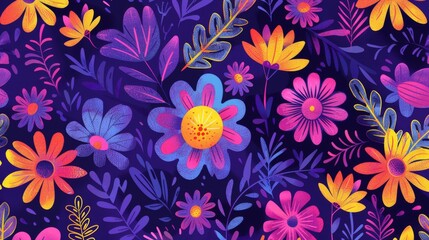 Wall Mural - Abstract Cheerful Flowers on Purple Background