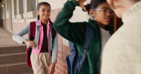 Poster - Door, teacher and girls with high five in school for successful lesson with smile or excited and fun. Woman, students and happy as classmates with teaching, learning and playful for child develop