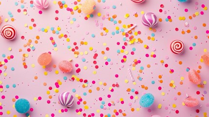 Wall Mural - Cheerful Candy Patterns on Pink Background