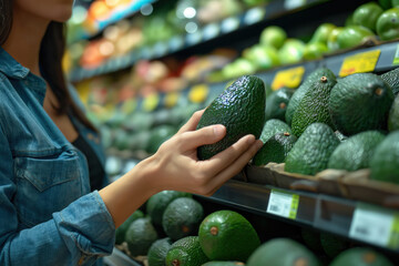 Wall Mural - Consumer evaluates quality of avocado in supermarket