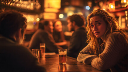 A contemplative moment in a cozy bar, where a woman looks thoughtfully at her companion across the table