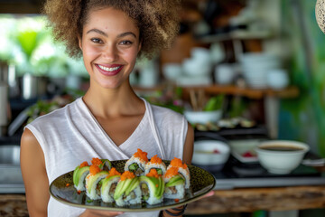 Sticker - Exited model holds a plate with avocado sushi in hands